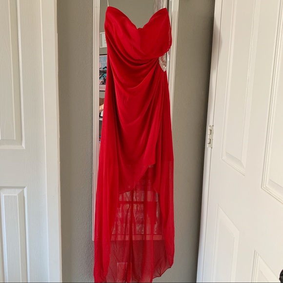 Teeze Me Red Beaded Strapless High Low Gown - Picture 1 of 3